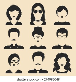 Vector set of different male and female icons in trendy flat style. People faces or heads images.