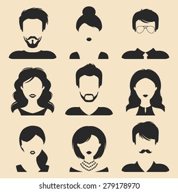 Vector set of different male and female icons in trendy flat style. People faces images collection.