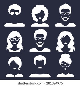 Vector set of different male and female icons in trendy flat style. People faces images collection.