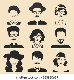 Vector set of different male and female icons in trendy flat style. People faces or heads collection.
