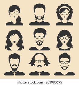 Vector set of different male and female icons in trendy flat style. People faces or heads collection.