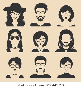 Vector set of different male and female icons in trendy flat style. People faces or heads  images collection.