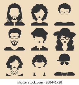 Vector set of different male and female icons in trendy flat style. People faces and heads  images collection.