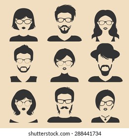 Vector set of different male and female icons in trendy flat style. People faces and heads  images collection.