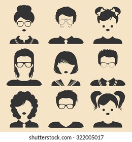 Vector set of different male and female children icons in trendy flat style. People faces, heads. Collection of pupils, students avatars.