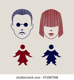 Vector set of different male and female icons, toilet sign, restroom icon, minimal style, pictogram.