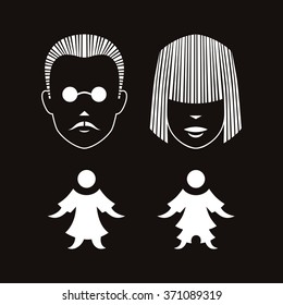 Vector set of different male and female icons, toilet sign, restroom icon, minimal style, pictogram. Exclusive Symbols on black background.