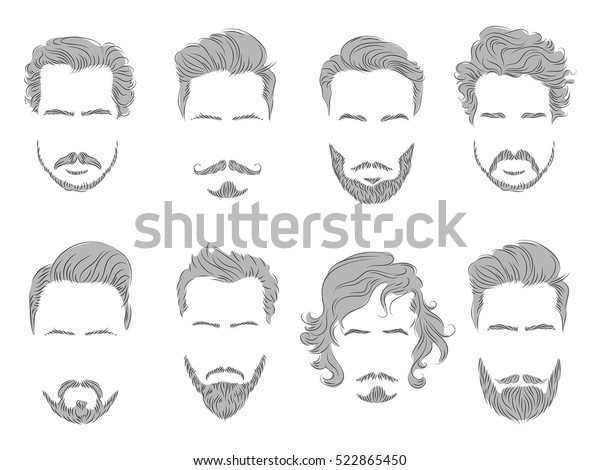 vector set of different\
male mustache beard hair care line silhouette sketch posters for\
hairdresser.