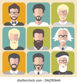 Vector set of different man with beards and moustache app icons in flat style