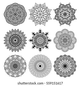 vector set different mandala outline black isolated on white