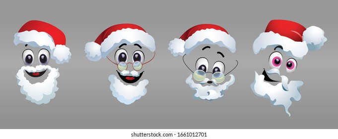 Vector set of different masks for Santa. Four different illustrations of Santa Claus costume. Happy New Year greeting card.