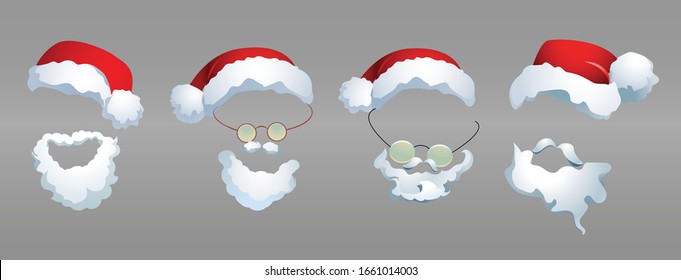 Conjunto vectorial de diferentes máscaras para Santa. Cuatro diferentes ilustraciones del disfraz de Santa Claus. Feliz año nuevo.