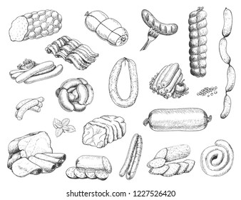 Vector set of different meat products in sketch style. Sausages, ham, bacon, lard, salami. Vector illustration for your design