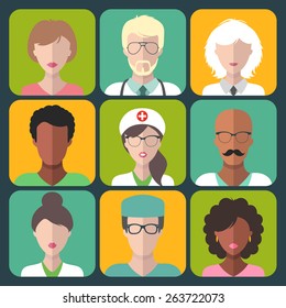 Vector set of different medical clinic man and woman app icons in trendy flat style