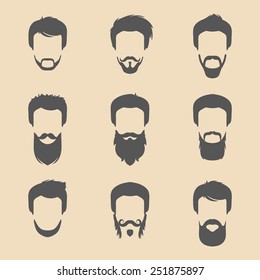 Vector set of different men hipster haircuts, beard, mustache icons in trendy flat style. Male faces icons collection.