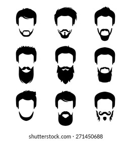 Vector set of different men hipster haircuts, beard, mustache icons in trendy flat style. Man faces images.