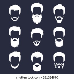 Vector set of different men hipster haircuts, beard, mustache icons in trendy flat style. Man faces images collection.