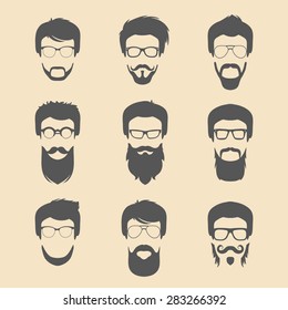 Vector set of different men hipster haircuts, beard, mustache icons in trendy flat style. Man faces collection.