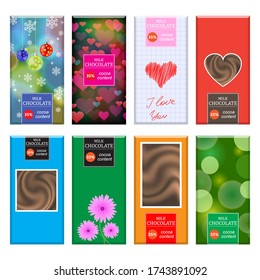 Vector Set of Different Milk Chocolate Bar Isolated on White Background. Sweet Food Collection. Package Mock up.