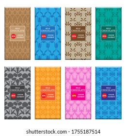 Vector Set of Different Milk Chocolate Bar Isolated on White Background. Sweet Food Collection. Package Mock up.