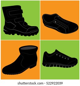 Vector set of different models of shoes and boots on colored background