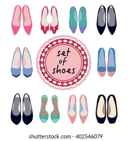 Vector set of different models of women shoes in Different trendy Color illustration.