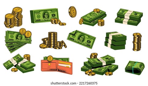 Vektorset verschiedener Geld- und Münzen. Illustration von Dollar-Scheinen, Münzen, Geldbeutel. Set einzeln auf weißem Hintergrund.