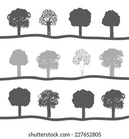 Vector set of different Monochrome Silhouettes Trees of Landscape. Nature for your design. Eco Tree Grunge Natural Vector Concept on Distressed Background. Vector 10 EPS.