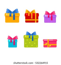 Vector set of different multicolored presents. Collection of bright cartoon gifts on a white background. Holiday boxes. 
