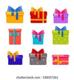 Vector set of different multicolored presents. Collection of bright cartoon gifts on a white background. Holiday boxes with bows, stripes and spots. 