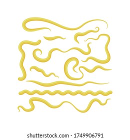 Vector Set of Different Mustard Splashes. French, Bavarian or Dijon Yellow Sauce. Food Condiment and Spice for Cooking. 3d Realistic Illustration. Fresh Blobs and Drops.