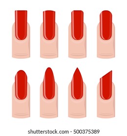 Vector set of different nails shape, manicure style. Beauty spa salon illustration with red colored fingernails for women and girls