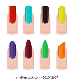 Vector set of different nails shape, manicure style. Beauty spa salon illustration with colorful fingernails for women and girls