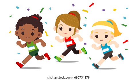 Vector set of different nation cute running women, athlete character isolated on white background.