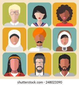 Vector set of different nationality man and woman icons in trendy flat style