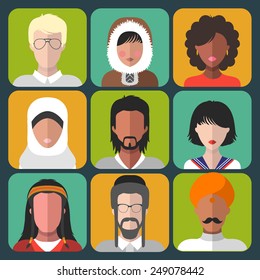 Vector set of different nationality man and woman icons in trendy flat style