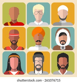 Vector set of different nationality man icons in trendy flat style