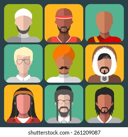 Vector set of different nationality man icons in trendy flat style