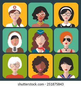 Vector set of different nationality and profession woman icons in trendy flat style