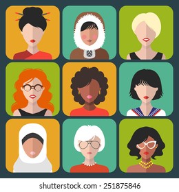 Vector set of different nationality woman icons in trendy flat style