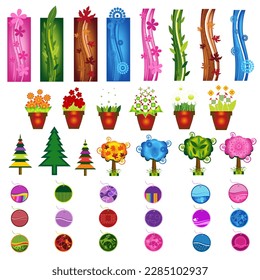 vector set of different nature designs for seasonal banners and stickers with tree, flowers, leaves, blossoms, snowflakes, flower box 