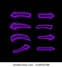 Vector Set of Different Neon Purple Arrows Isolated on Black Background