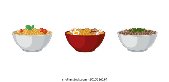 Conjunto vectorial de diferentes fideos en bolas aisladas de fondo blanco, Ramen, pasta italiana, fideos de Soba.
