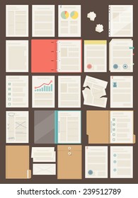 Vector set of different office and business documents, sheets of papers, folders and blanks, flat design, top view