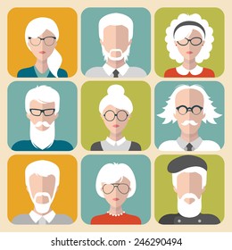 Vector set of different old man and woman with gray hair app icons in flat style