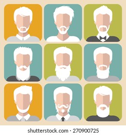 Vector set of different old man with gray hair app icons in flat style