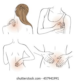 Vector set with different pains.  Pain in neck. Worried back. Pain in breast. Stomach ache. Sketch. 