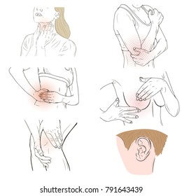 Vector set with different pains.  Pain in neck. Worried back. Pain in knee. Ear pain. Pain in liver. Worried breast.