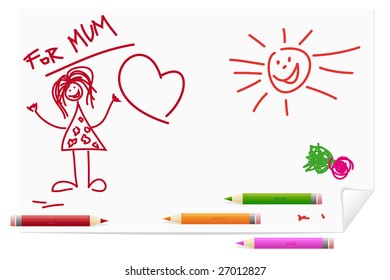 Vector set of different pencils and paper with a children drawing