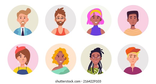 Vector Set of different people avatar. Hand drawn flat style diversity people portrait. Young men and women, male and female faces
